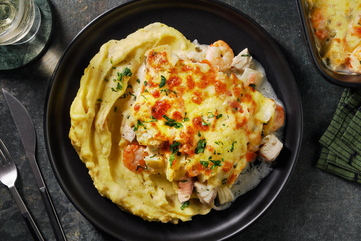 Gratin de poisson au saumon, cabillaud et crevettes