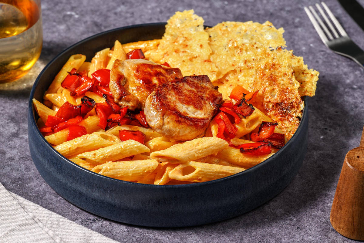 Penne mit Bio-Schweinefilet und Paprika