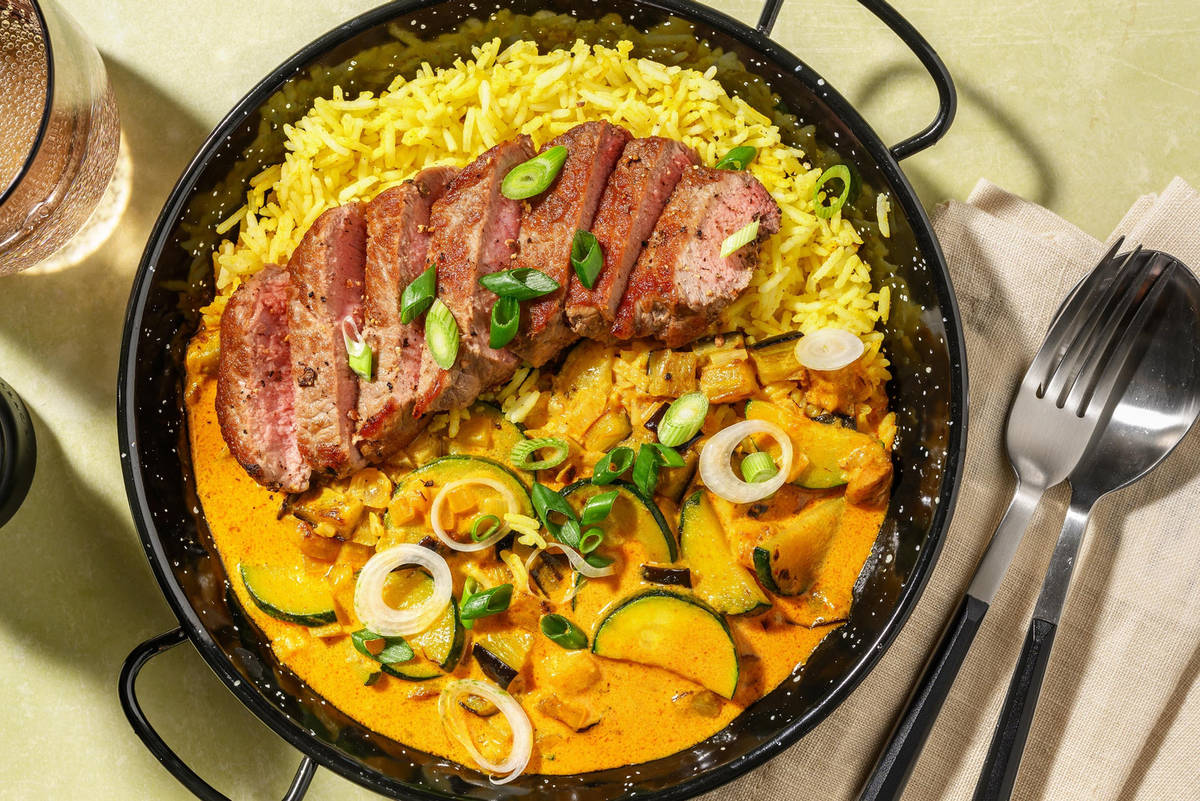 Bio-Rindersteak in Thai-Curry-Soße