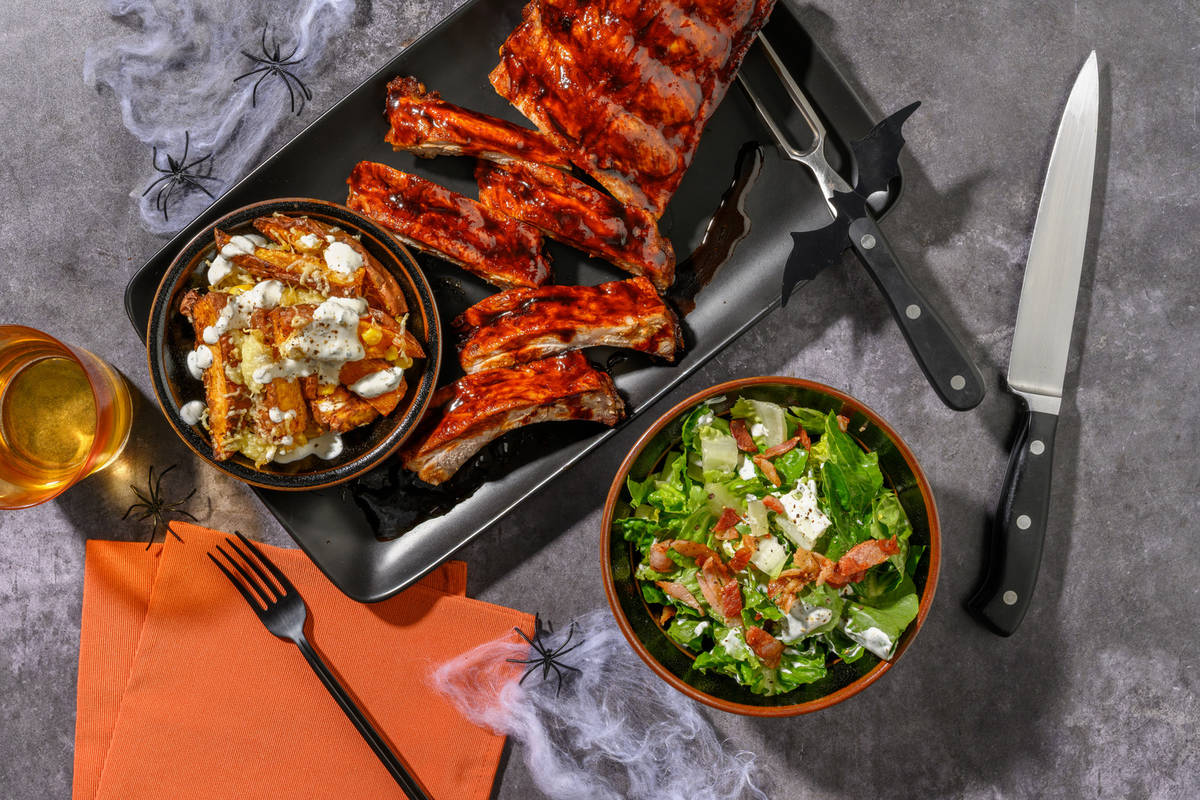 Smoky Maple Ribs and Cheesy Sweet Potato Wedges