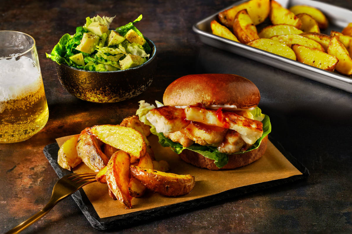 Hot Honey Crispy Chicken and Halloumi Burger