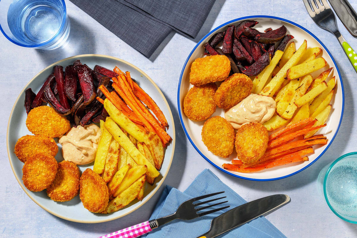 Vegan nuggets and rainbow fries kids dinner