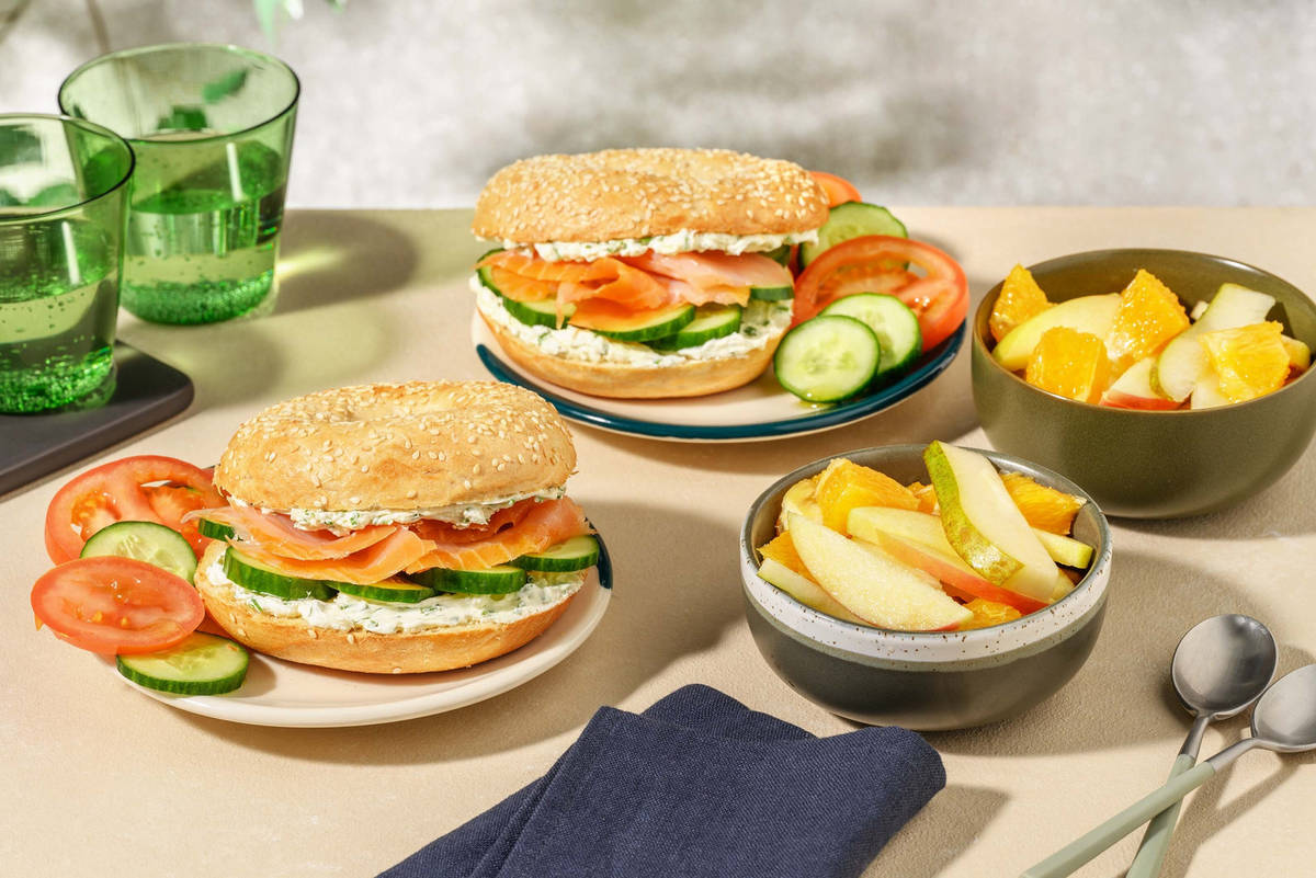 Salmon bagel and fruit salad