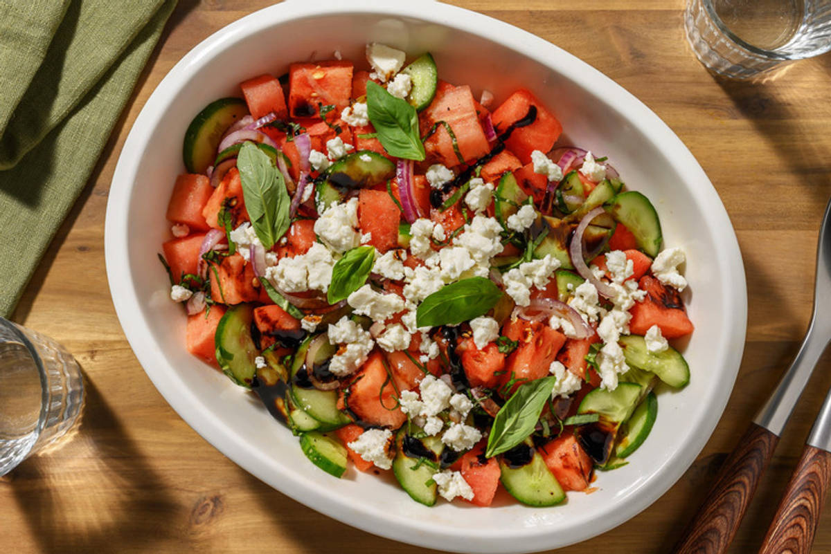 Watermeloensalade met feta en vers basilicum