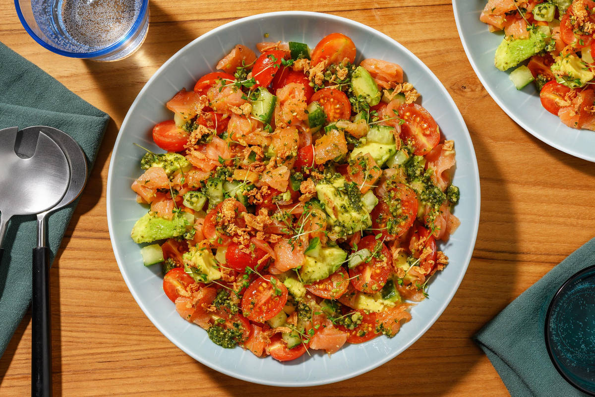 Speedy Smoked Salmon, Pesto and Avocado Salad
