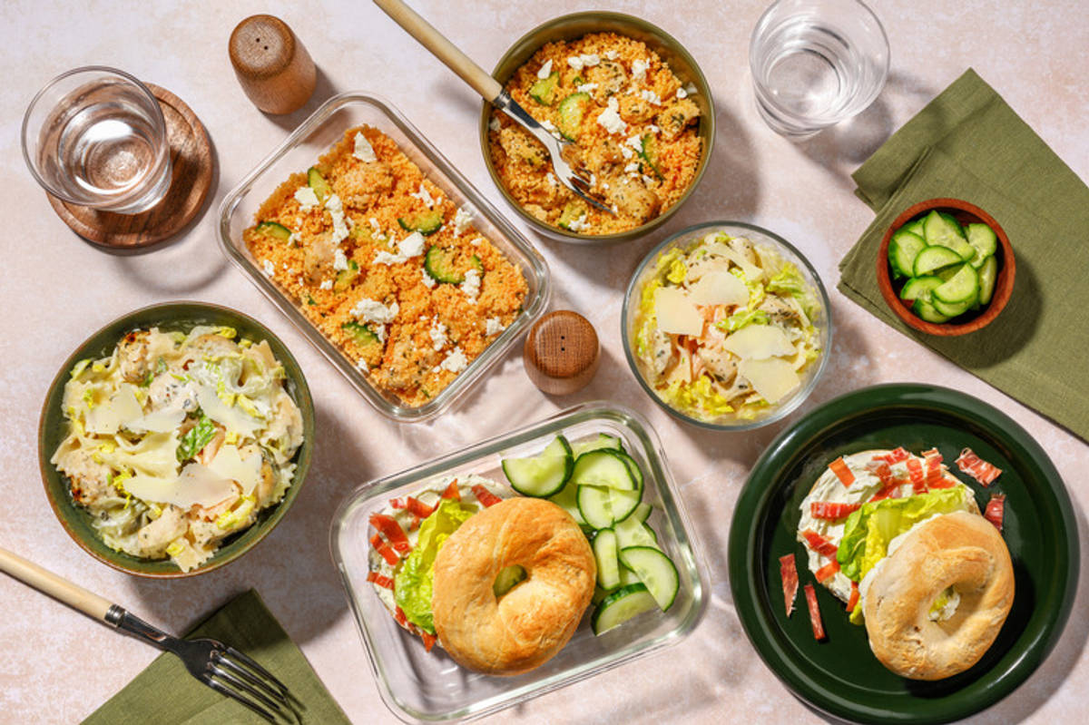 Bagel jambon, bowl méditerranéen & pasta salad poulet