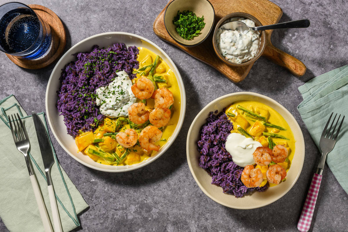Lila Lieblingsreis mit extra Garnelen und Kürbis-Kokos-Curry 