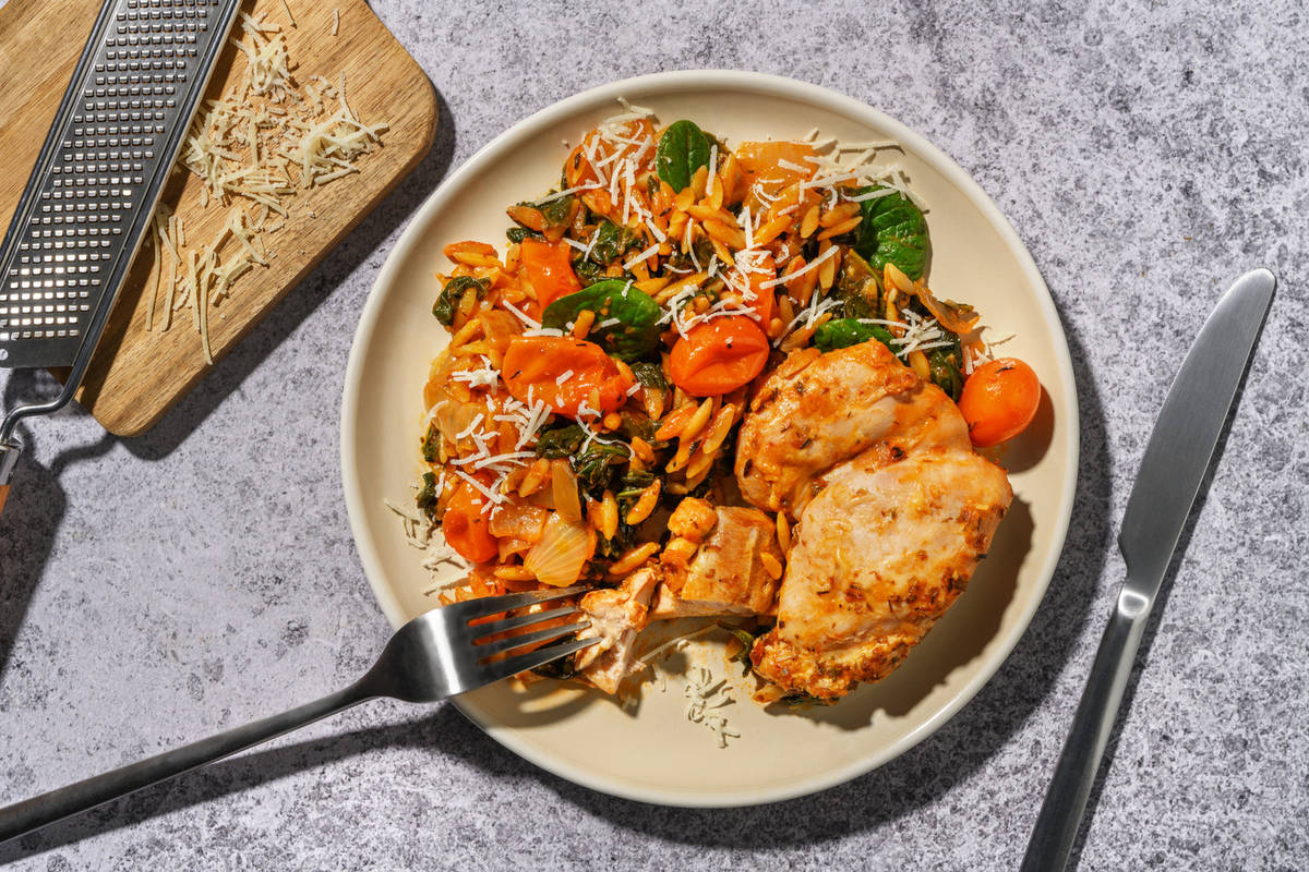 Italian-Style Plant-Based Crumbd Chick'n Risoni Bake