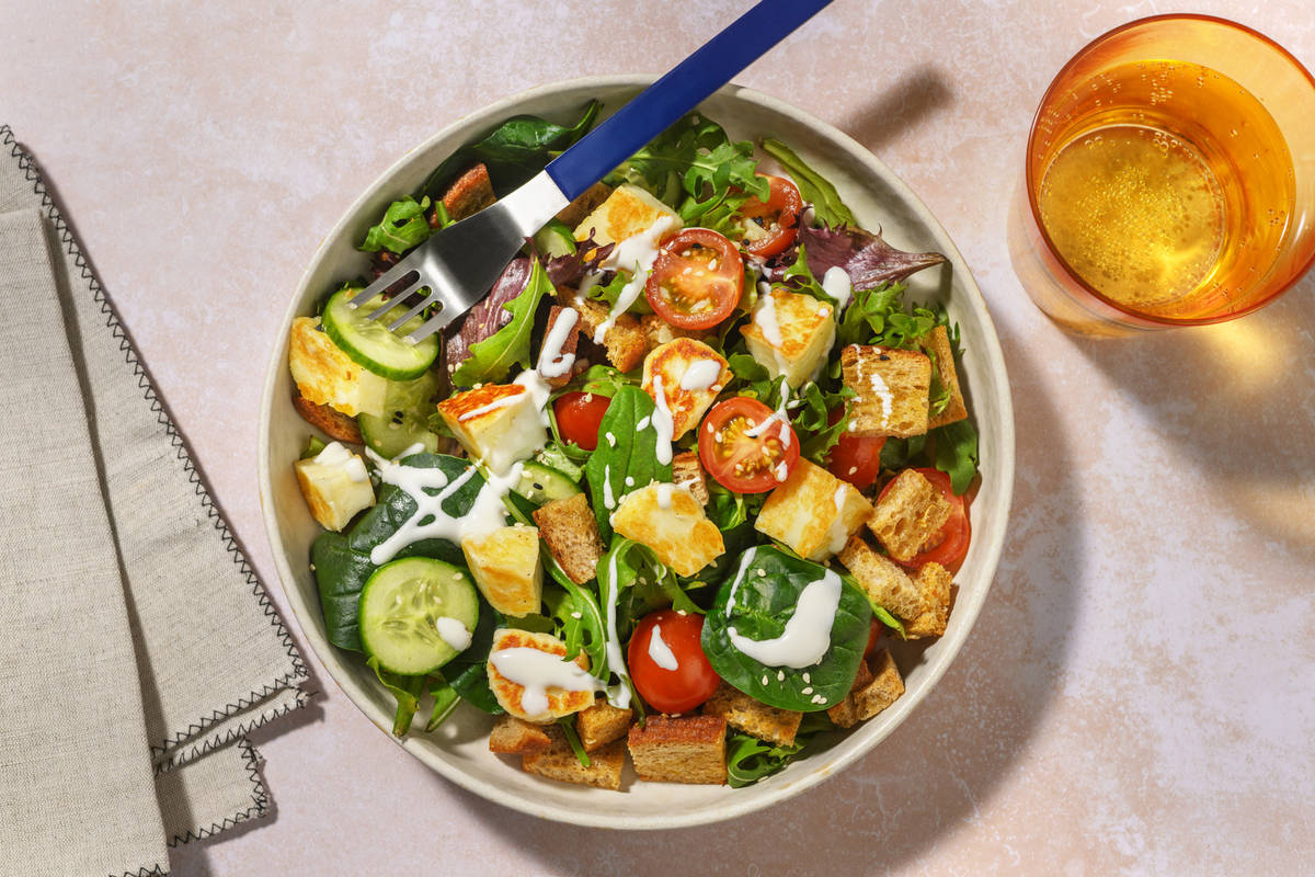 Seared Double Haloumi & Sourdough Crouton Salad