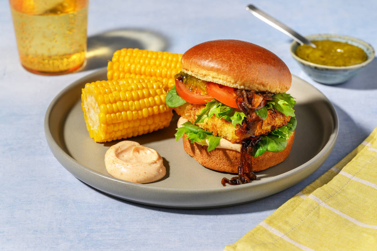 Crumbed Haloumi & Sticky Bacon-Onion Burger