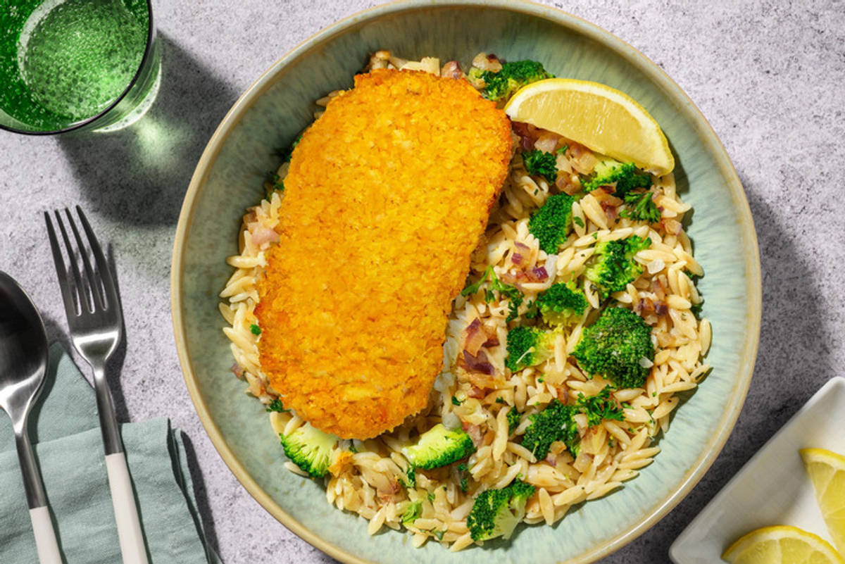Schnitzel au fromage et orzo crémeux