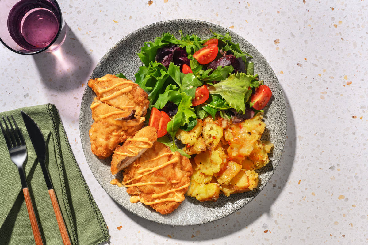 Fried Chicken Breast and Sticky Chilli Potatoes