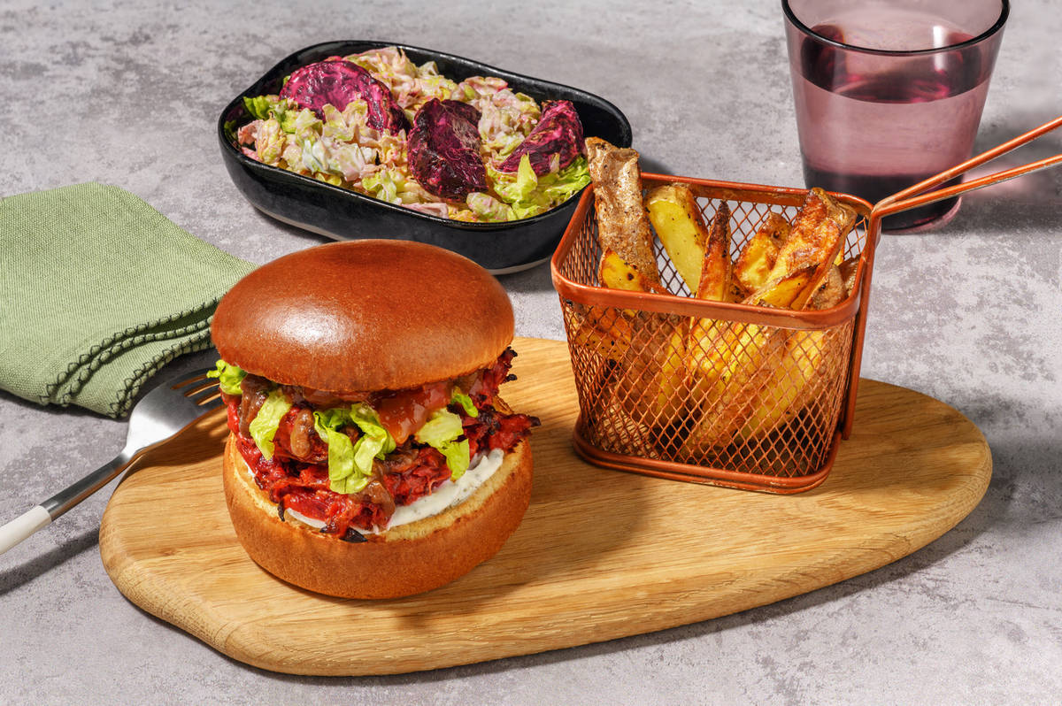 Blushing Beetroot Bhaji & Halloumi Burger and Chips