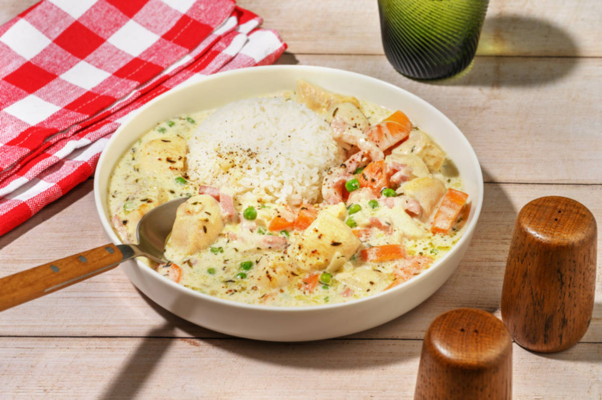 Fricassée de dinde, petits pois & lardons