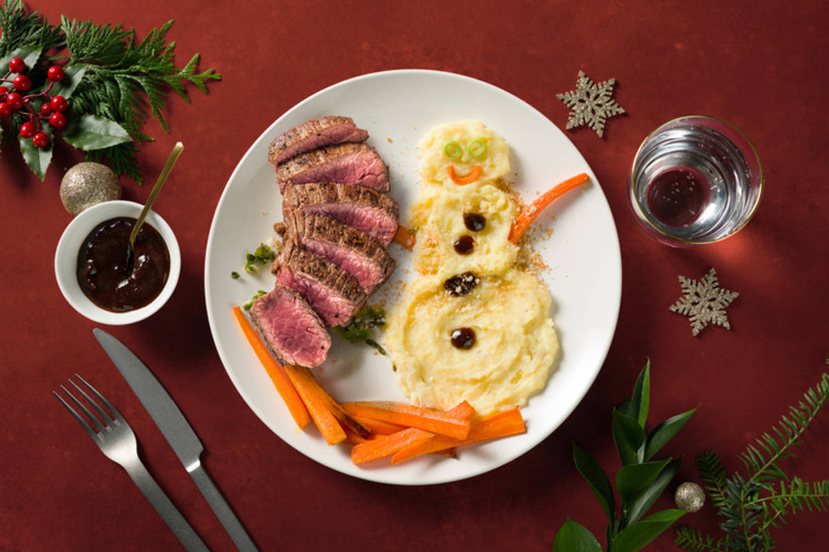 Kartoffel-Schneemann mit Weiderindersteak 