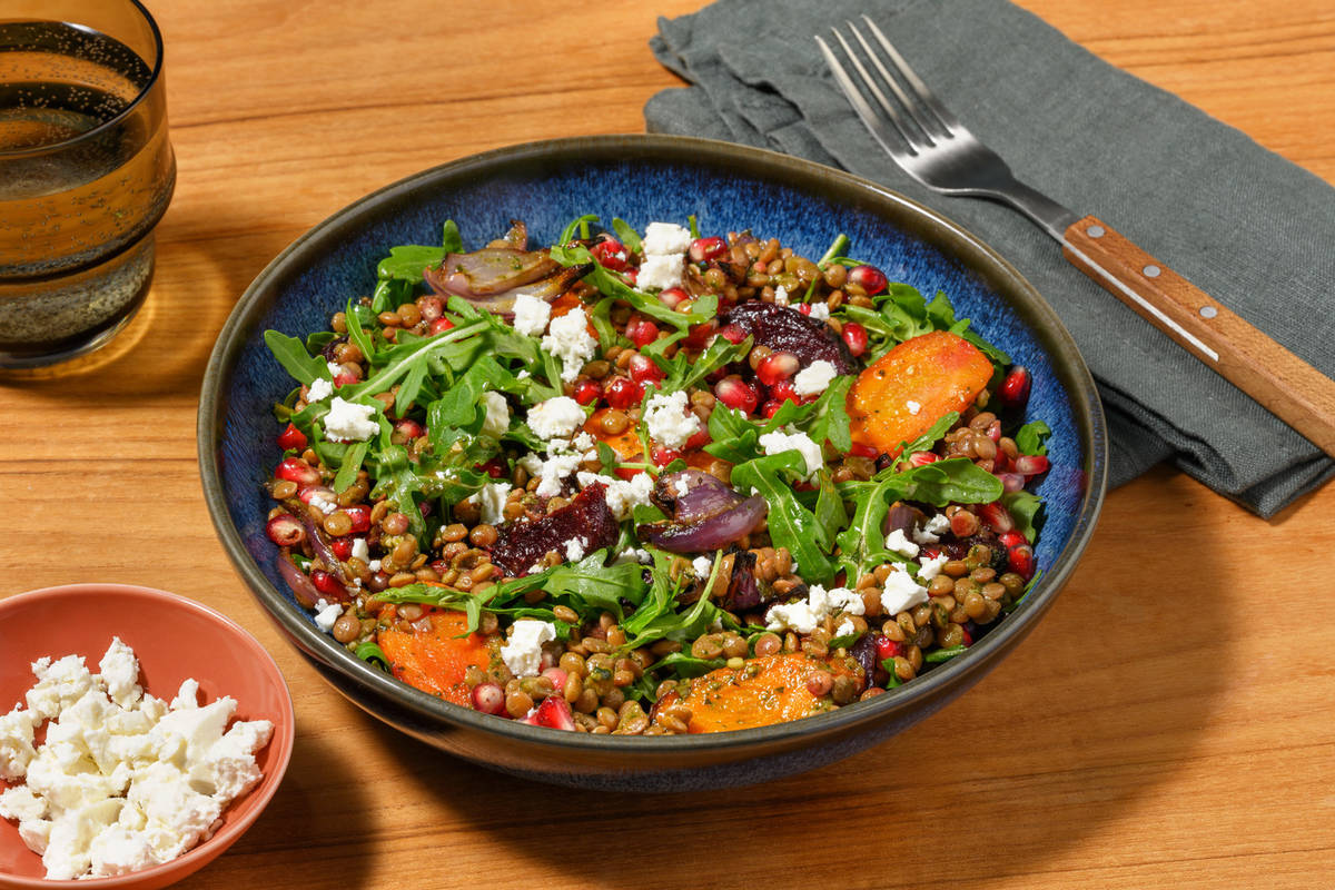 Warm Halloumi, Beetroot, Carrot and Pomegranate Salad