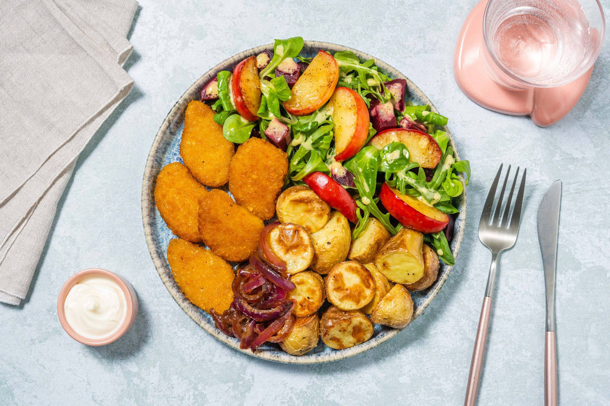Vegan nuggets met bietensalade en krieltjes