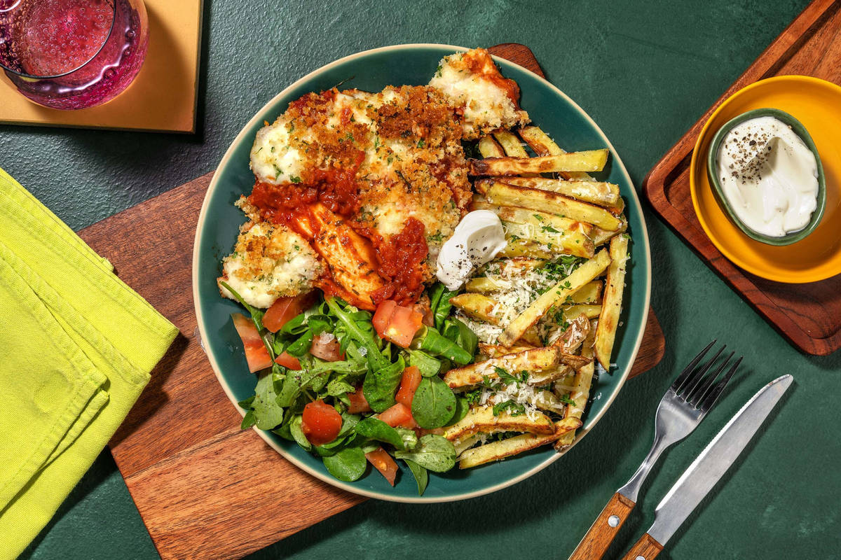 Chicken parmigiana met truffelfrieten