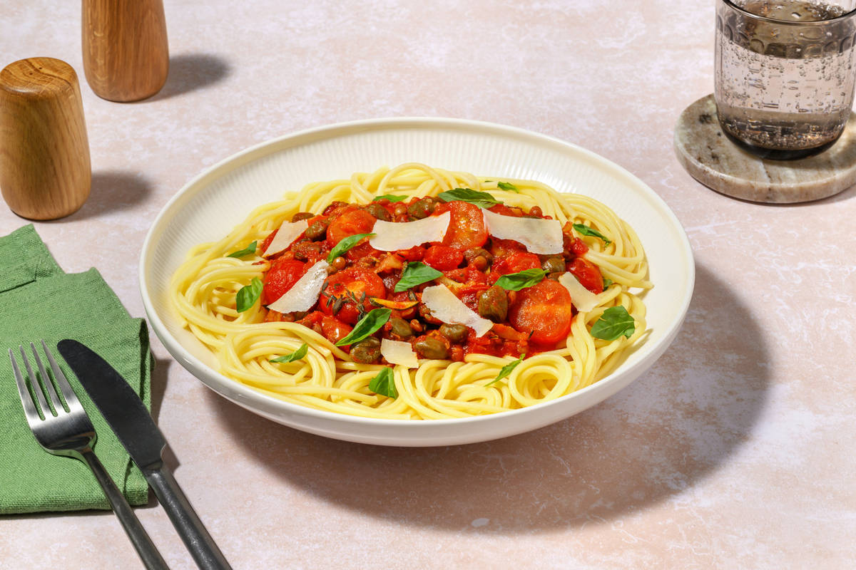Chicken, Lentil, Caper & Cherry Tomato Spaghetti