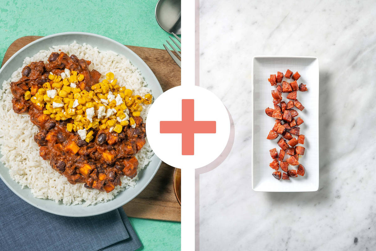 Chipotle Sweet Potato and Chorizo Black Bean Rice Bowl