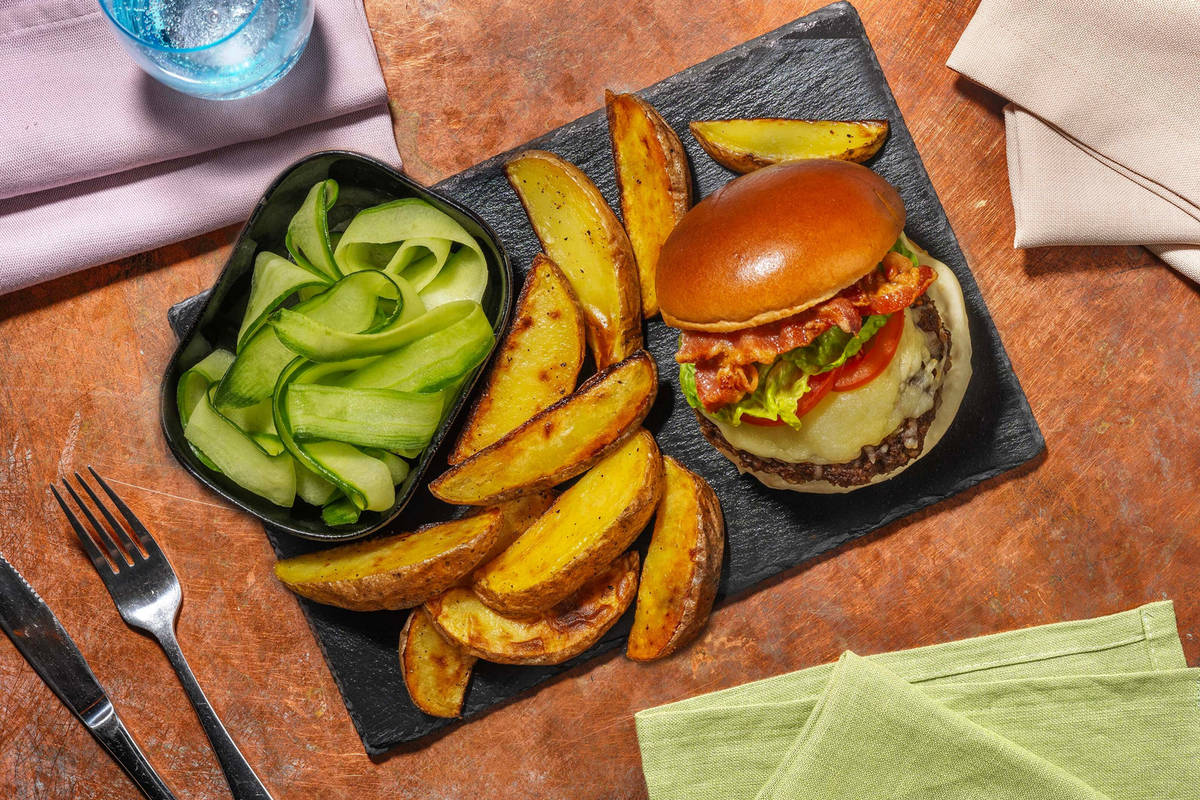 Juicy beef and honey- bacon cheeseburger