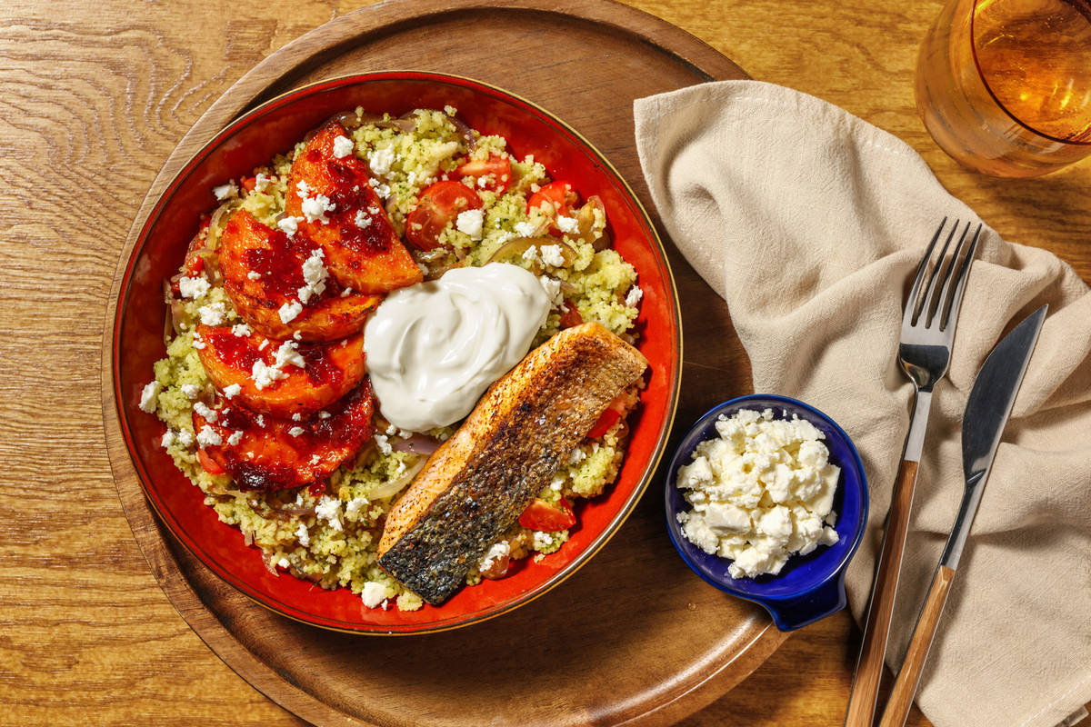 Salmon and Peri Peri Squash on Tomato Zhoug Couscous