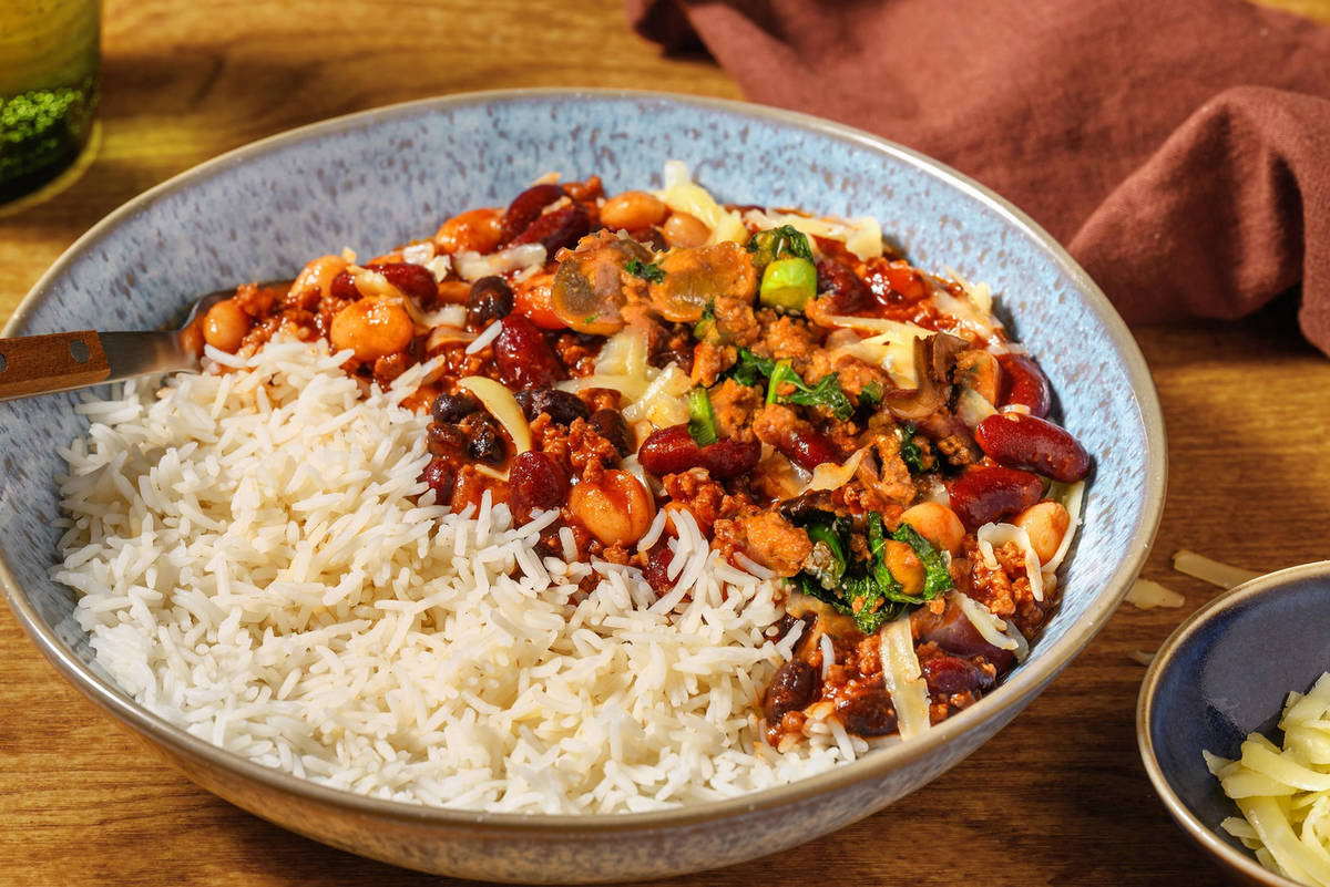 Super Quick Smoky Peri Peri Pork and Bean Rice Bowl