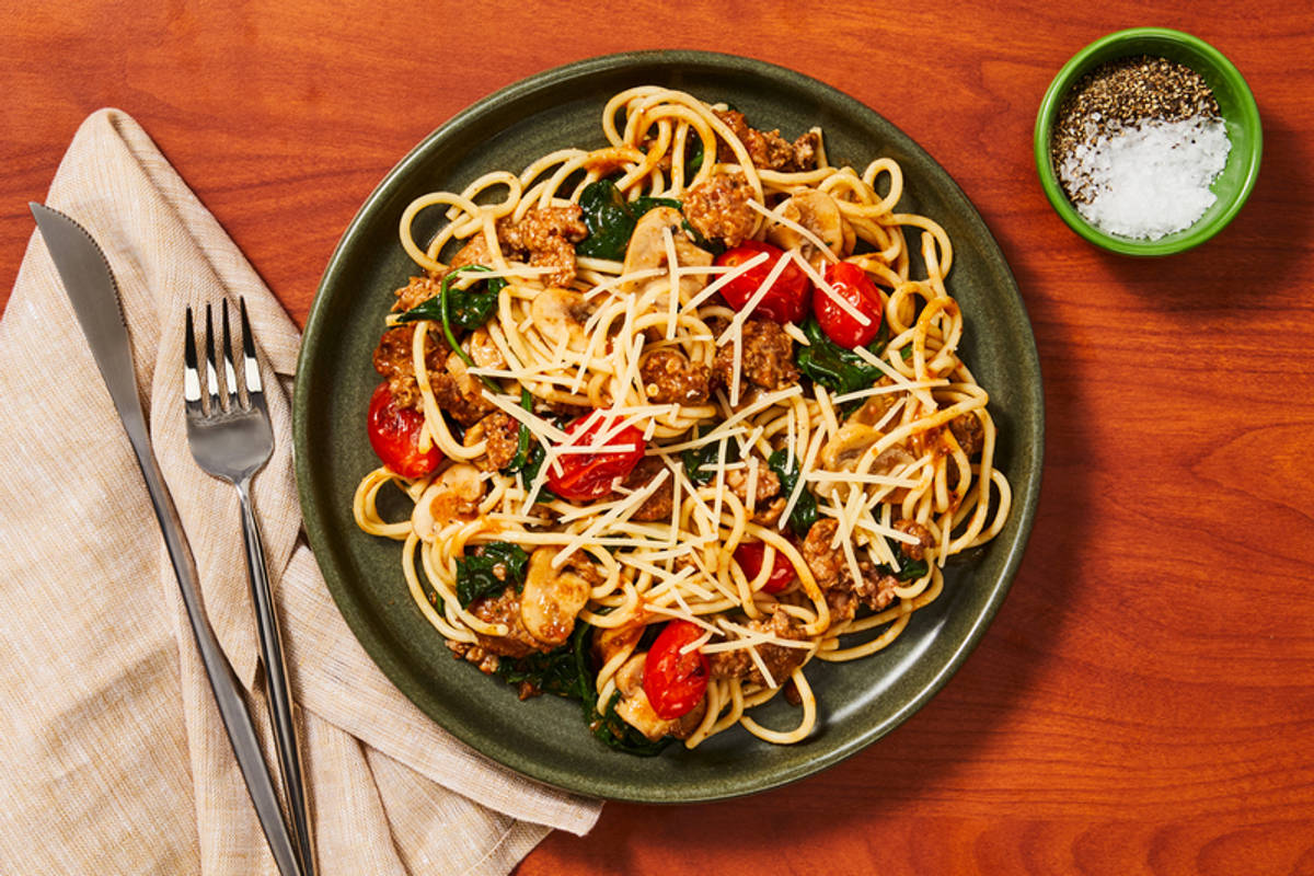 Spaghettis au Beyond Meat® et aux tomates séchées super rapides