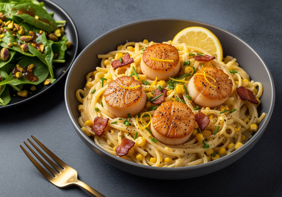 Scallops & Creamy Corn Pasta with Bacon
