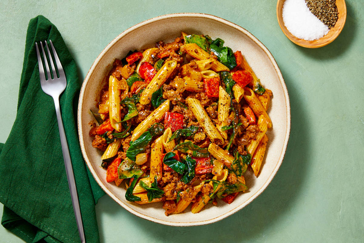 SuperQuick Chorizo, Spinach and Bell Pepper Penne