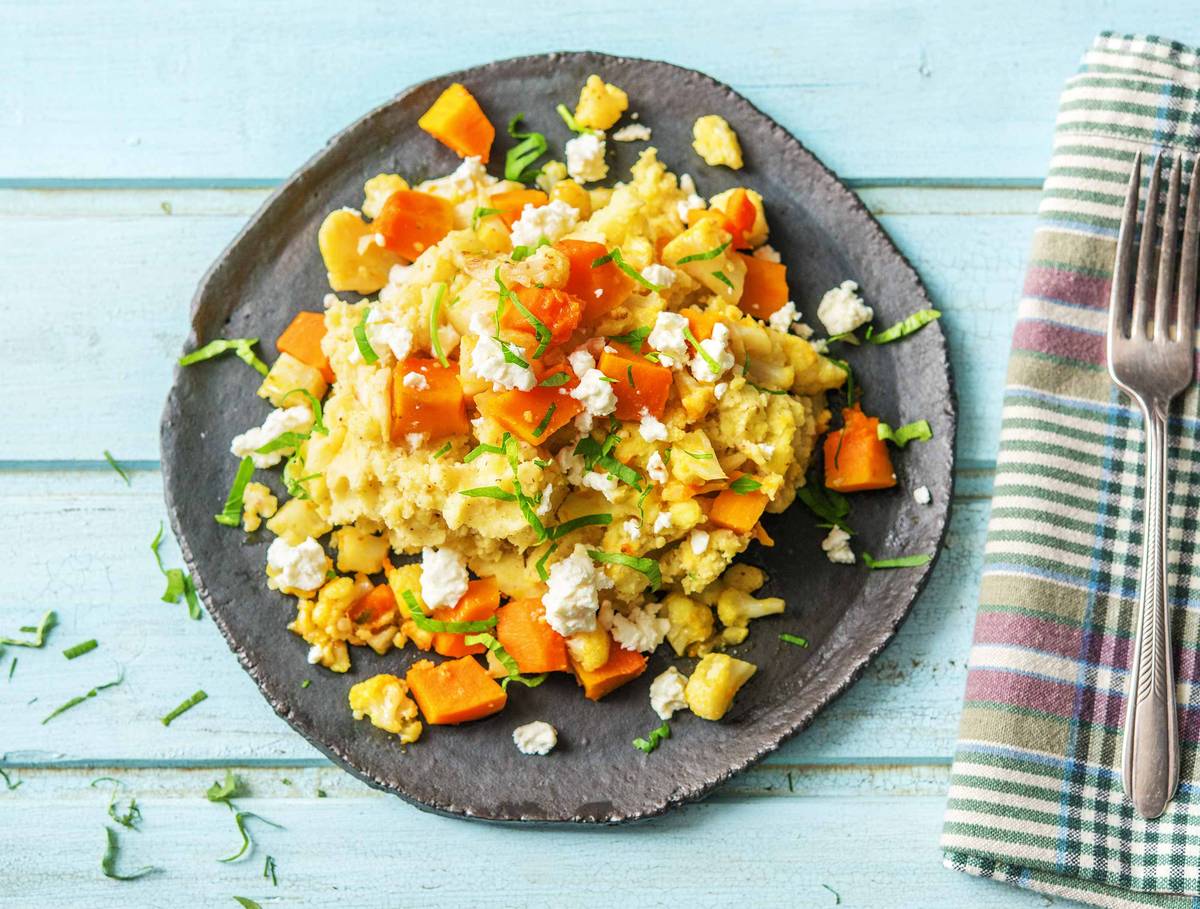 Aardappel-amandelpuree met bloemkool en pompoen