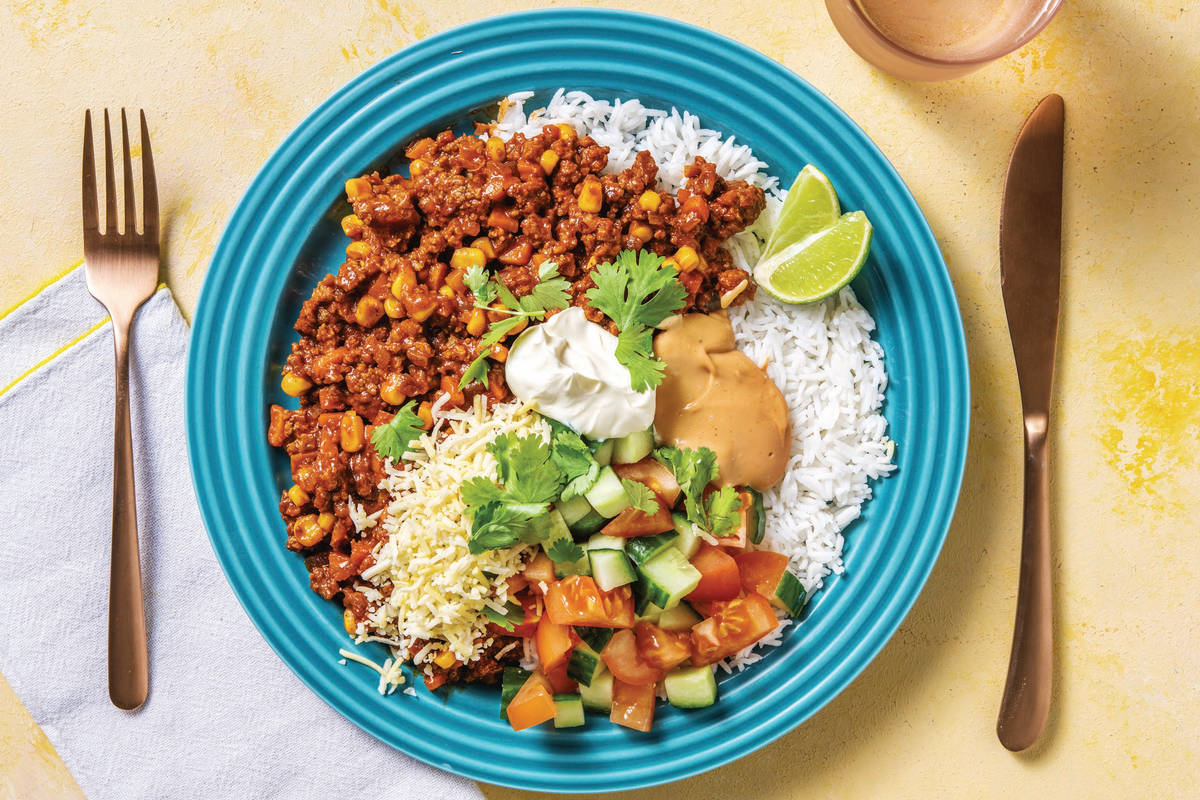 Tex-Mex Beef Rice Bowl with Salsa & BBQ Mayo