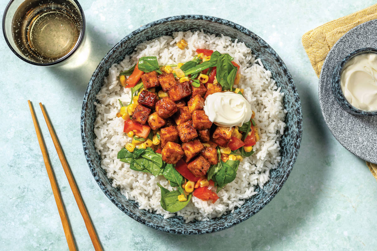 American BBQ Tofu & Cheesy Charred Corn Bowl