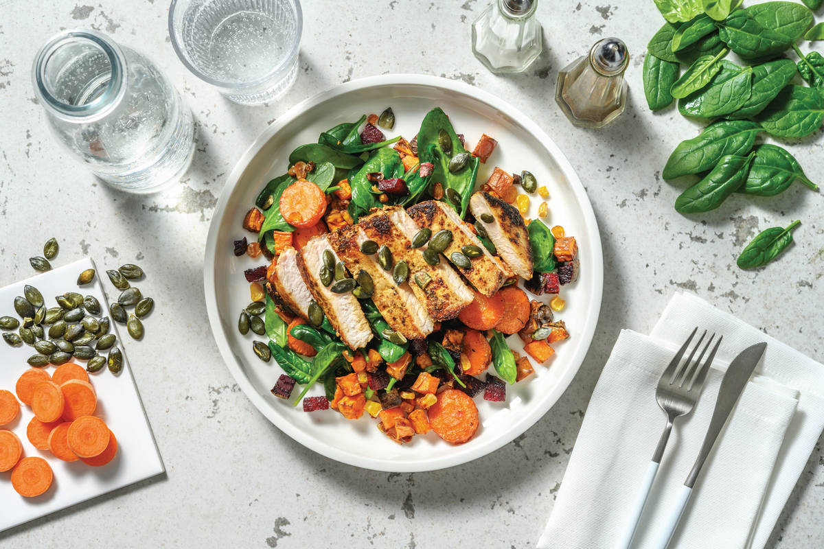 American Spiced Pork Steaks with Roast Veggie & Baby Spinach Medley