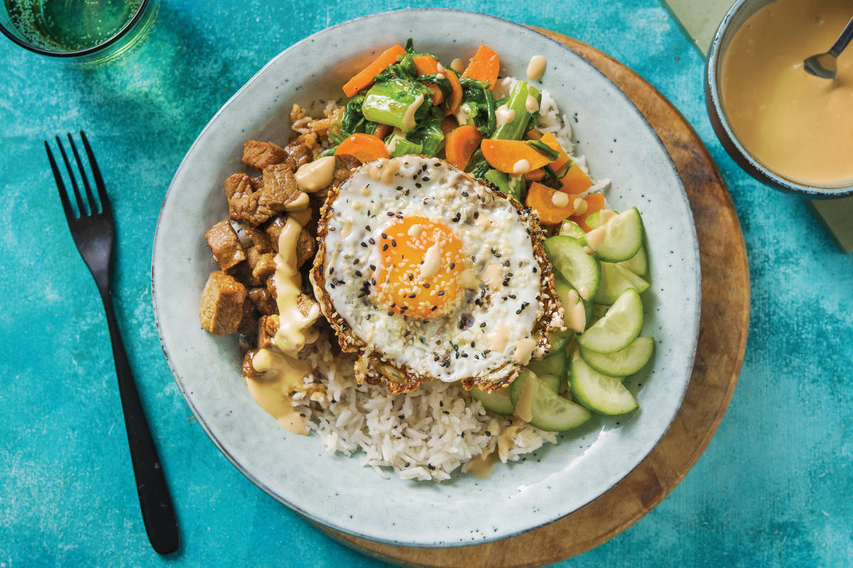 Asian Beef & Sesame Garlic Rice Bowl