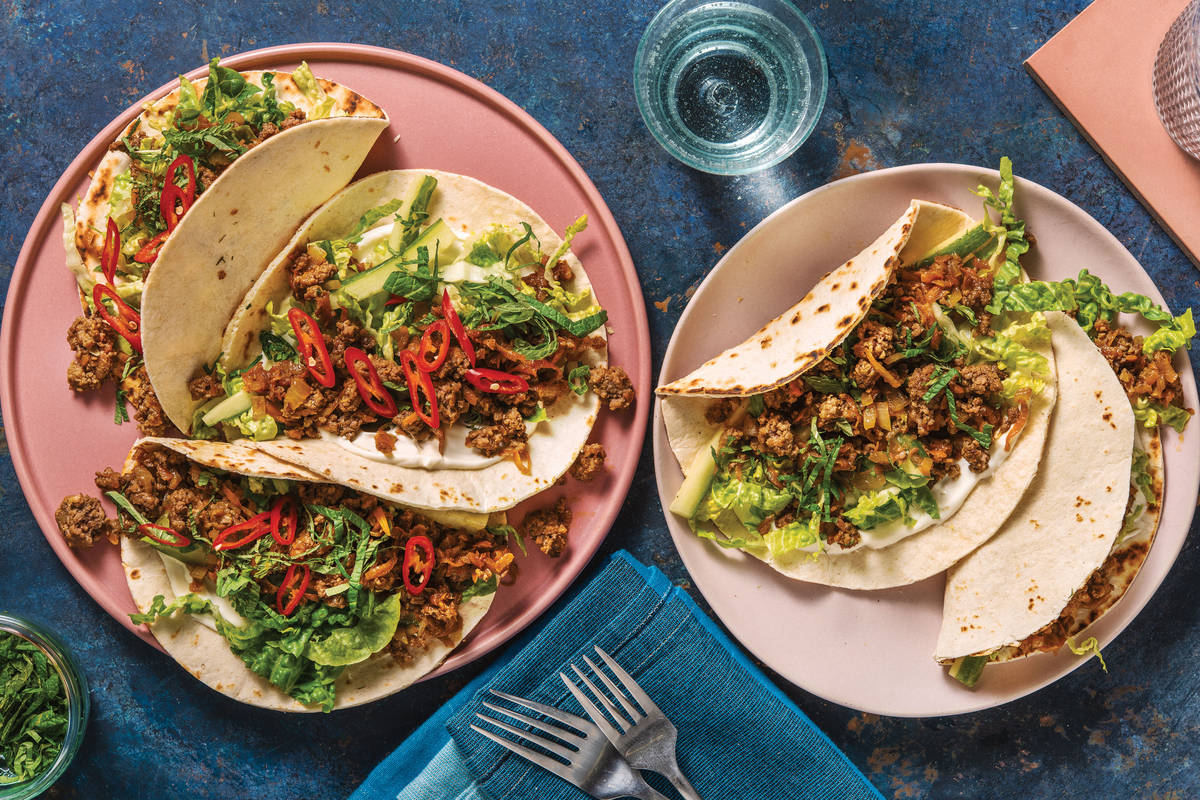 Sticky Soy Pork & Veggie Tacos