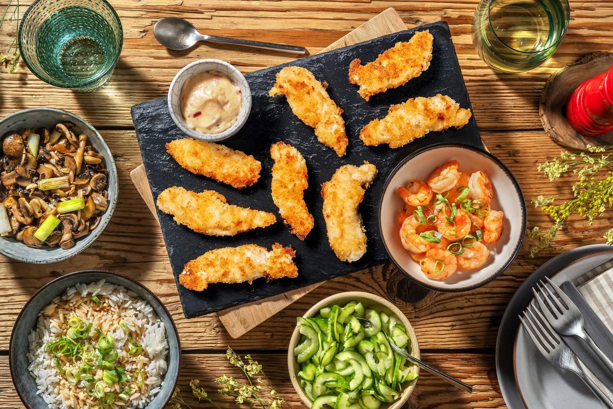 Terre et mer à l'asiatique : poulet croquant et crevettes en sauce pimentée douce