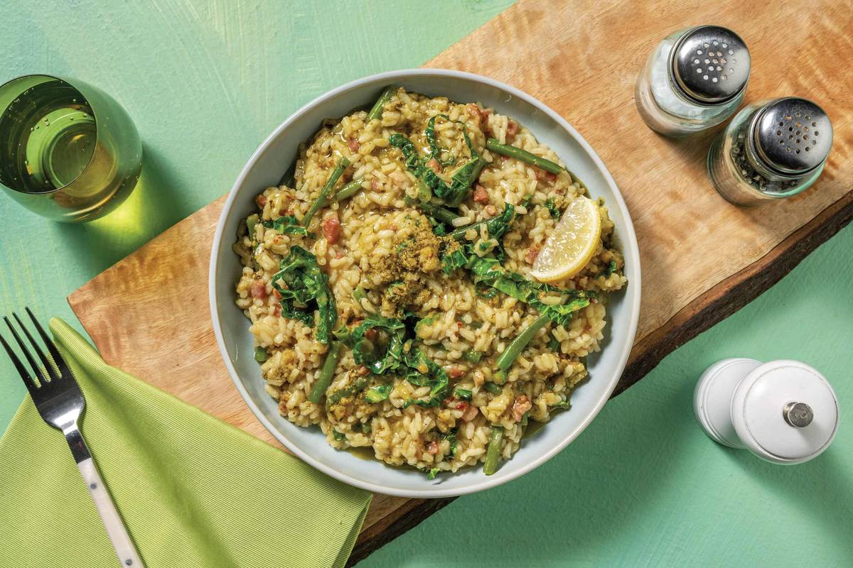 Plant-Based Mince & Garlicky Basil Pesto Risotto