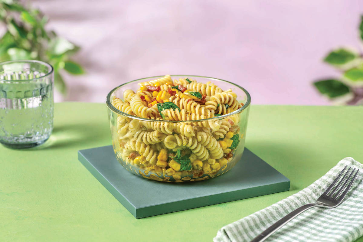 Bacon & Pesto Pasta Salad with Veggies & Parmesan