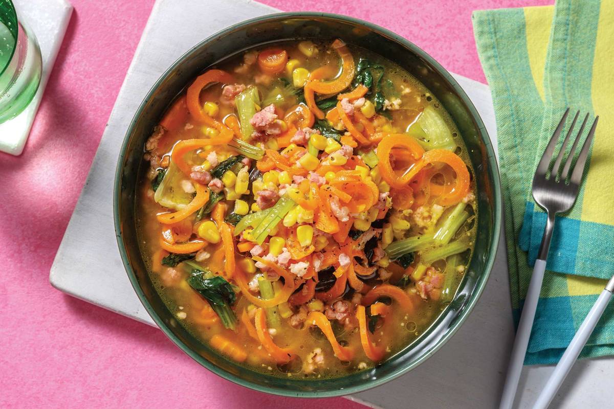 Bacon, Sweetcorn & Carrot Noodle Soup