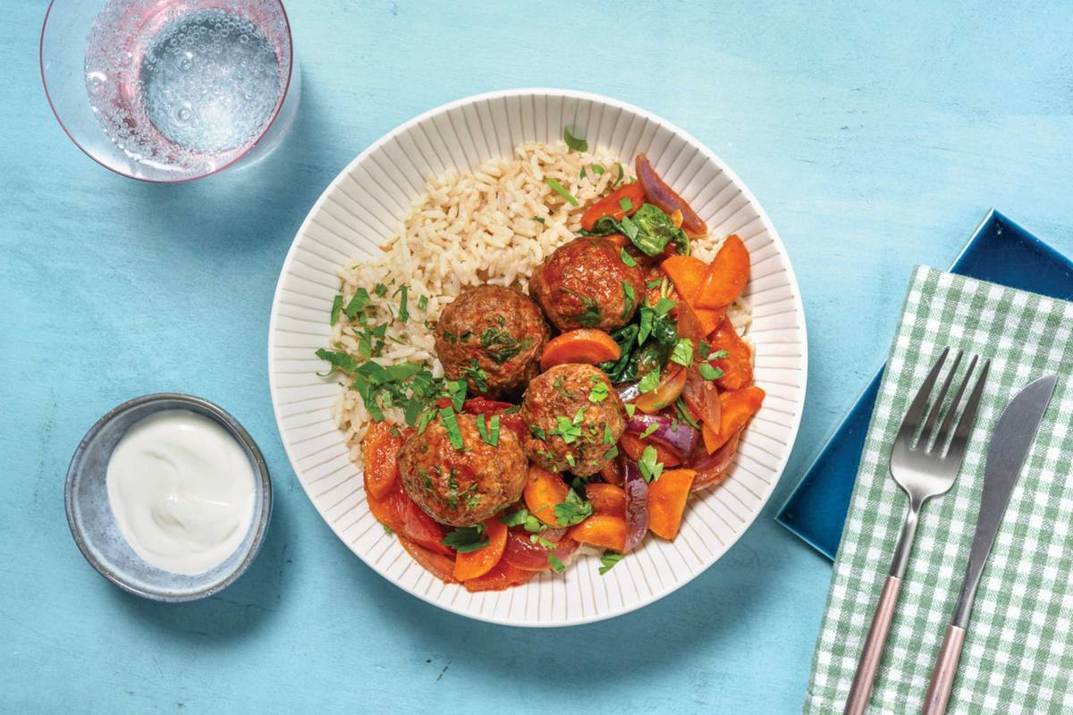 Baked Beef Meatball Stew & Brown Rice