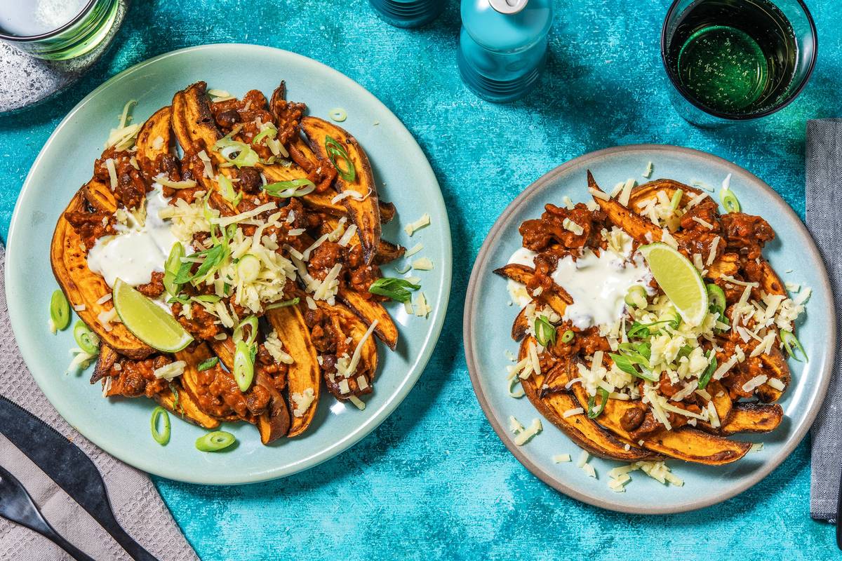 Beany Beef & Bacon Loaded Sweet Potato Wedges