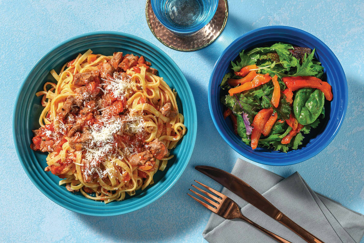 Beef Brisket Ragu & Fettuccine with Parmesan & Chargrilled Capsicum Salad