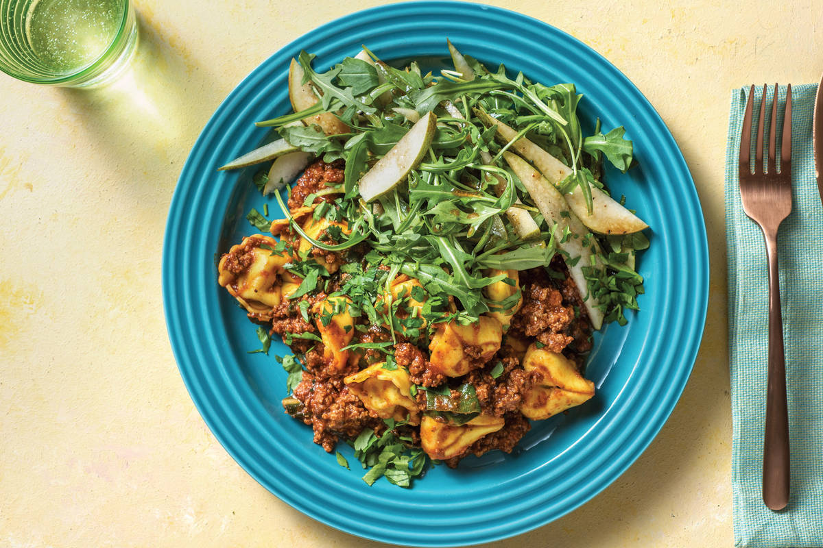 Beef Ragu Tortellini with Rocket-Pear Salad