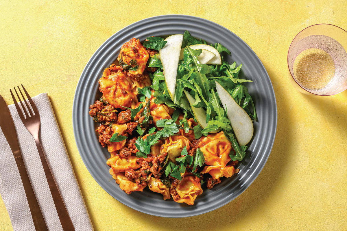 Beef Ragu Tortellini with Rocket-Pear Salad