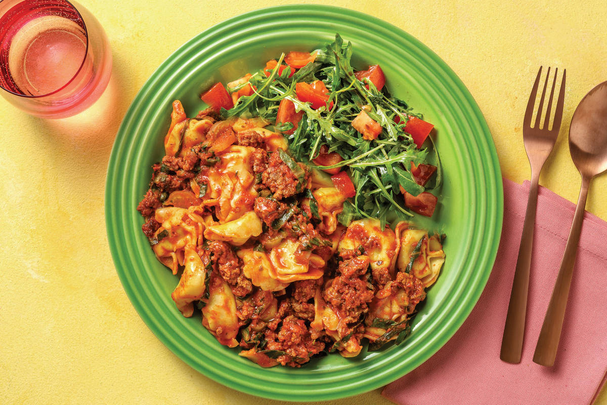 Beef Ragu Tortellini with Herby Tomato Sauce & Garden Salad