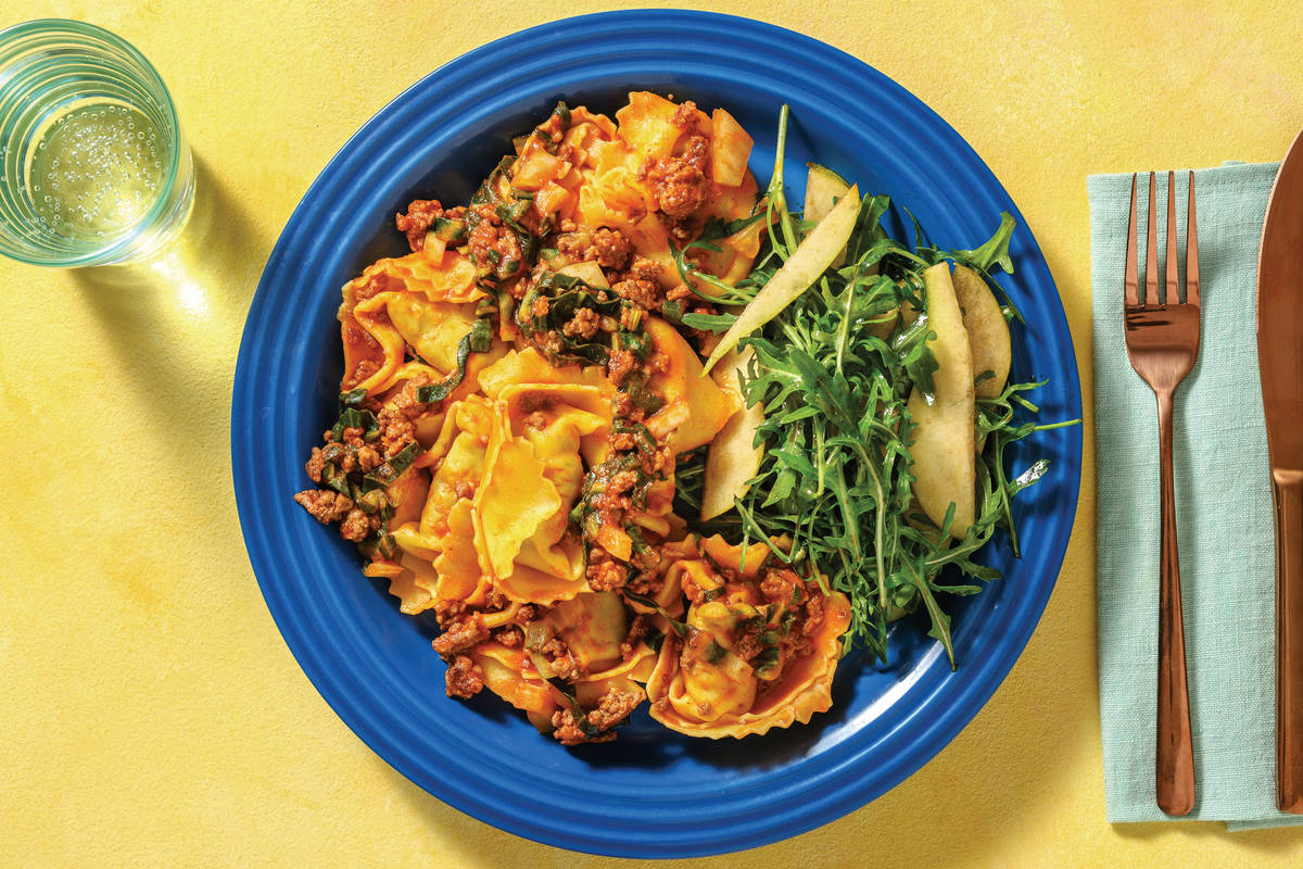 Beef Ragu Tortellini with Rocket-Pear Salad