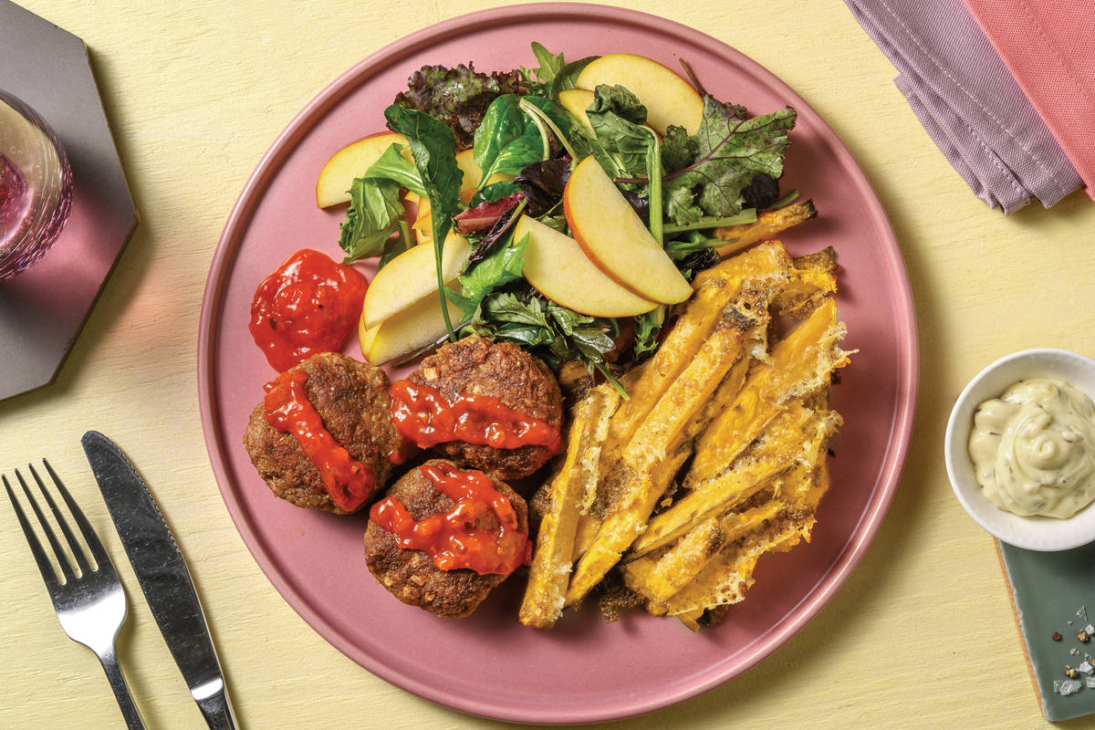 Beef Rissoles & Cheesy Sweet Potato Fries