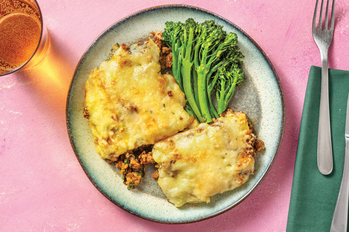 Beef & Herb Pie with Cheesy Mash Top & Garlicky Greens