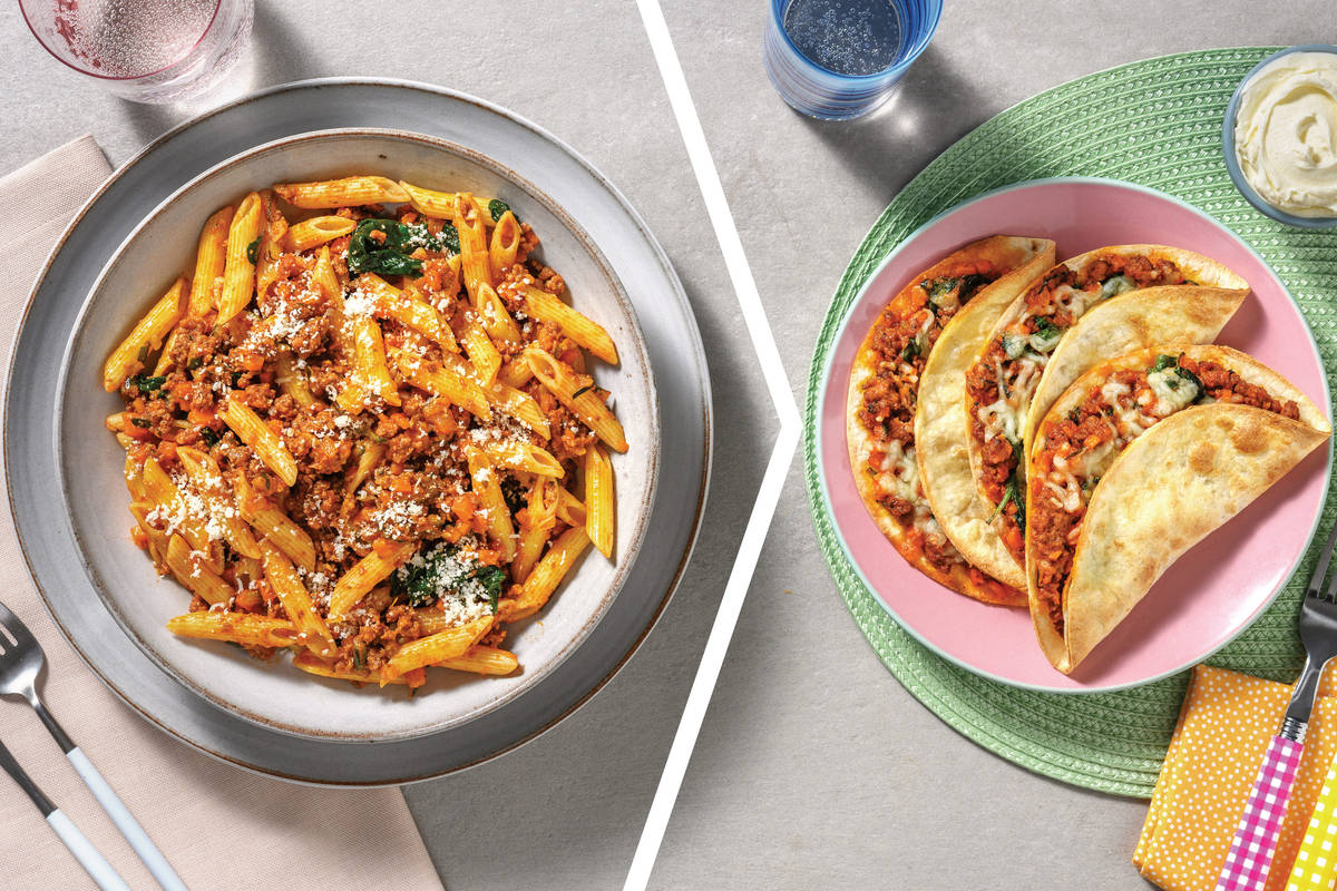 Beef & Veggie Ragu Penne with Basil Pesto